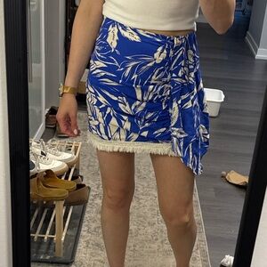 ZARA Blue Tropical Print Fringe Mini Wrap Skirt – Size Small